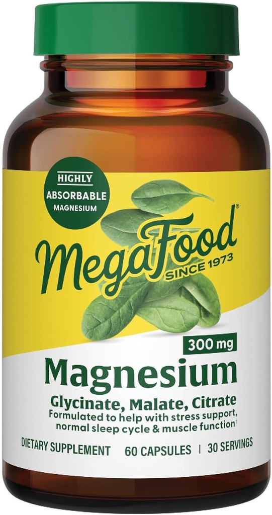Megafood Magneziu Glicinate, Citrate, Malat 300mg Supliment - Blend extrem de absorbabil pentru a sprijini inima, Nervii de sănătate şi relaxare, Triple Complex de magneziu Supliment, 60 capsule (30 Servings)