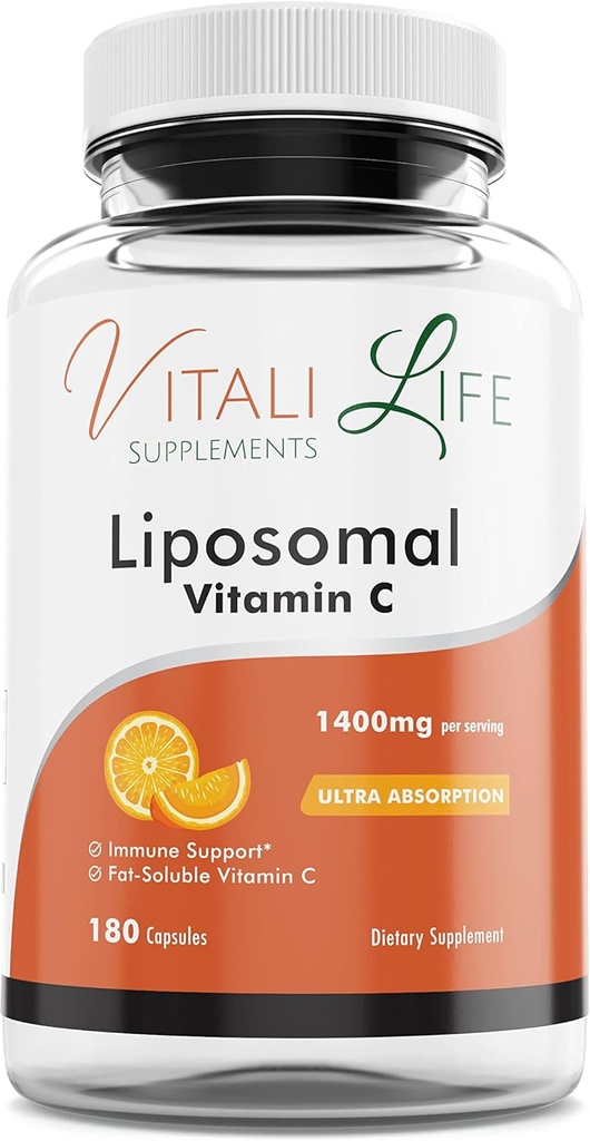 Vitali Liposominis Vitaminas C, 1400 mg, 180 kapsulių, Ultra High Absorbcija iš Askorbo rūgšties, Galingas antioksidantas, Imuninės sistemos parama, Kolageno kaupimasis odos sveikatai