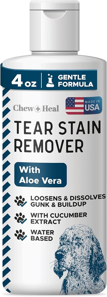 Chew + Heal Labs Pet Tear Stain Remover for Dogs - 4 oz Uretan oinarritutako txakur-begia Garbitu eta garbiagoa - Dissolves Gunk & Buildup - Aloe Vera & Cucumber Erauzi