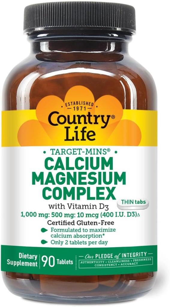 Country Life Target-Mins Calcium Magnesium с витамином D-Complex, 1000 мг / 500 мг / 10 мг, 90 таблеток, сертифицированный без глютена, сертифицированный вегетарианец