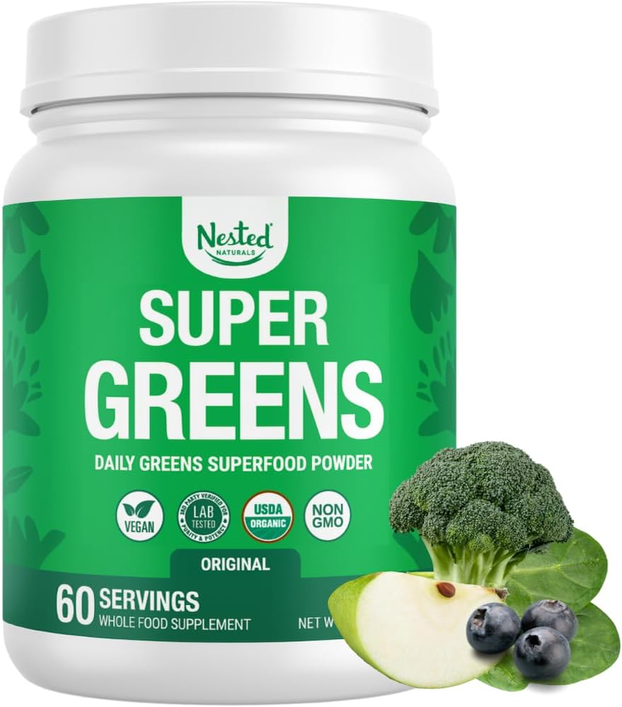Nested Naturals Super Greens Daily Superfood Powder - Certified USDA Bio Green Powder w/20+ aliments entiers, poudre de spiruline, blé et orge - Probiotiques, fibres et enzymes - Arôme original, 60