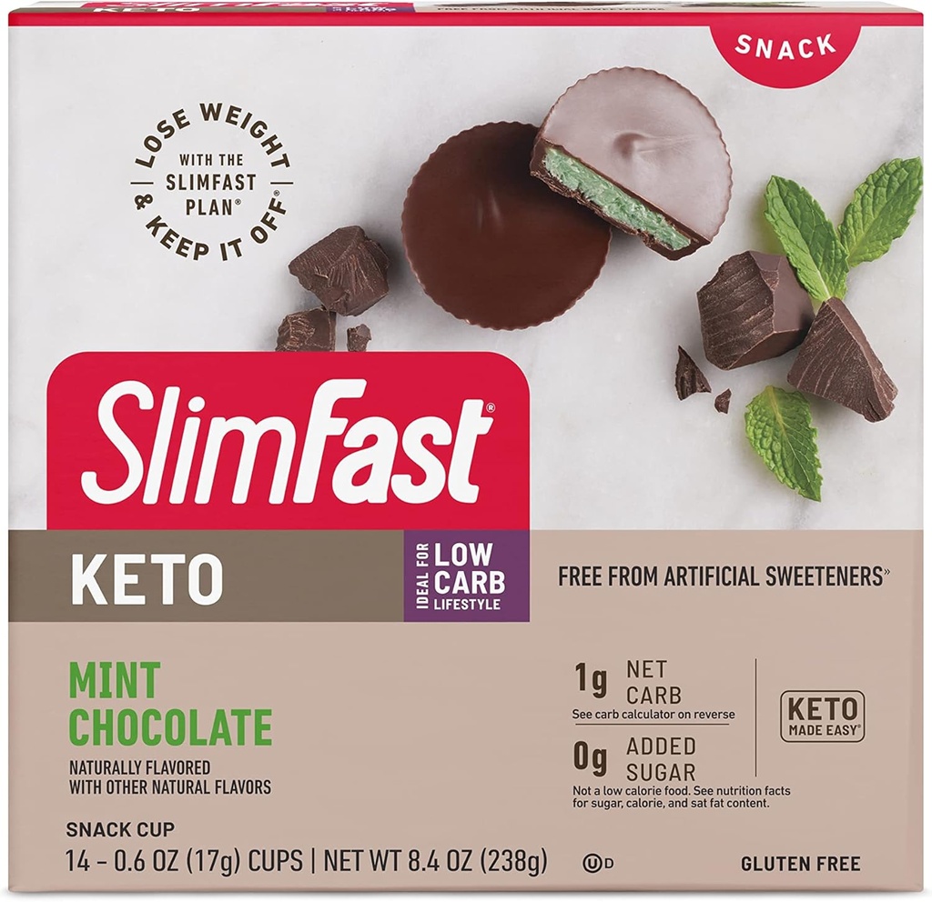 SlimFast Keto Fat Bomb Snack Cup, 薄荷巧克力, Keto Snacks for Wight Loss, 低卡带0g加糖, 14 Counter Box (包装 May Vary)