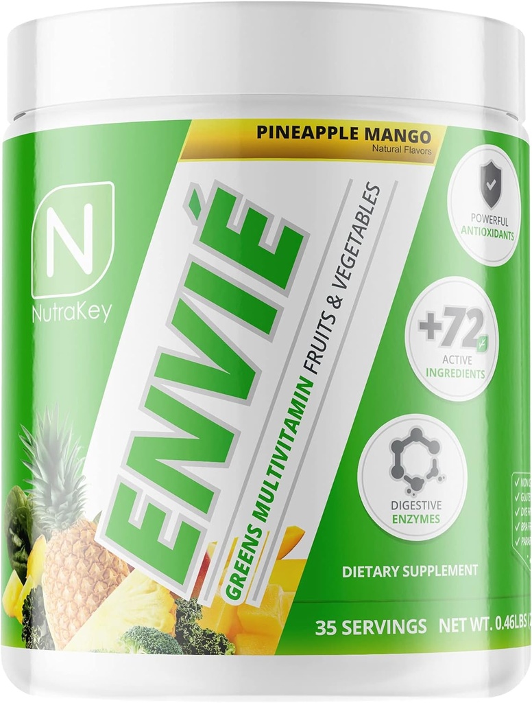 NutraKey Envie Multivitamin Toz, Kişilər və Qadınlar, Fruits, Greens, Antioksidlər, Digestive Enzymes, Amino Acids, Vitamin B Organic Toz (Pineapple, 210g)