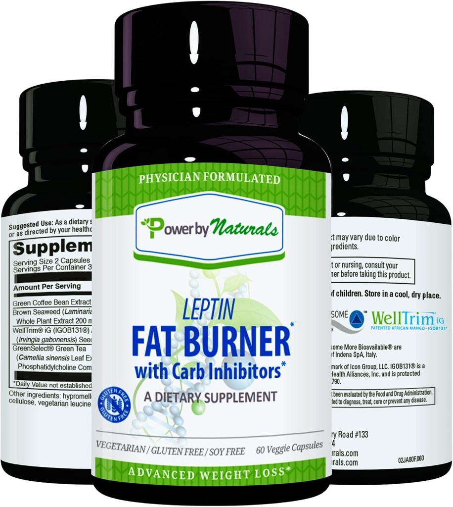 Power By Naturals: Leptin Fat Burner Carb Blocker - 60 Glutenik gabeko kapsulak, Leptin Weight Loss Diet Pills, Efficient Fat Burner, Appetite Suppressant