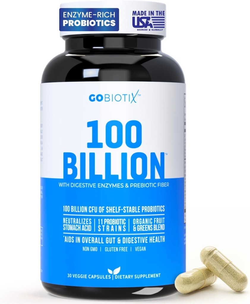 GOBIOTIX 100 Miliarde - Supliment Enzime digestive - Probiotice Multivitamine - Amestec de fibre prebiotice - 100 Miliarde de CFU - Amestec de fructe organice si verzi - Vegan, Non OMG - 30 capsule