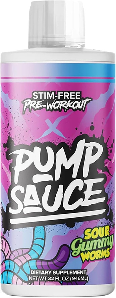 Pompa Saus Prece-Workout - 32 oz, Sour Gummy Worms, No Caffeine, Full Spectrum Liquid, Gluten Free, Vegan, Zero Sugar