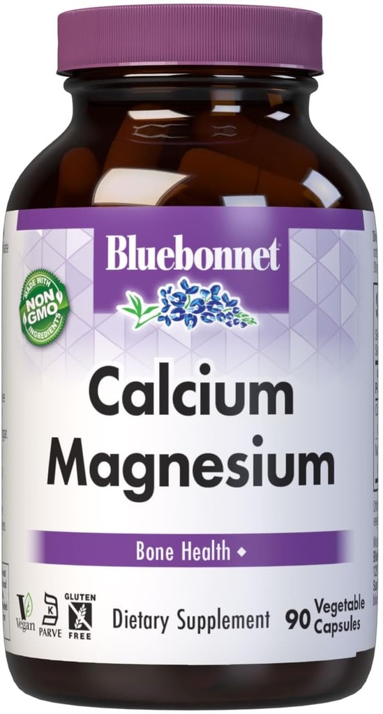 Bluebonnet Nutrition Kalsium & Magnesium, Luunterveys*, ei-muuntogeeniset organismit, vegan, Kosher Certified, Gluteeniton, soijaton, 90 kasvikapselia, 30 annosta