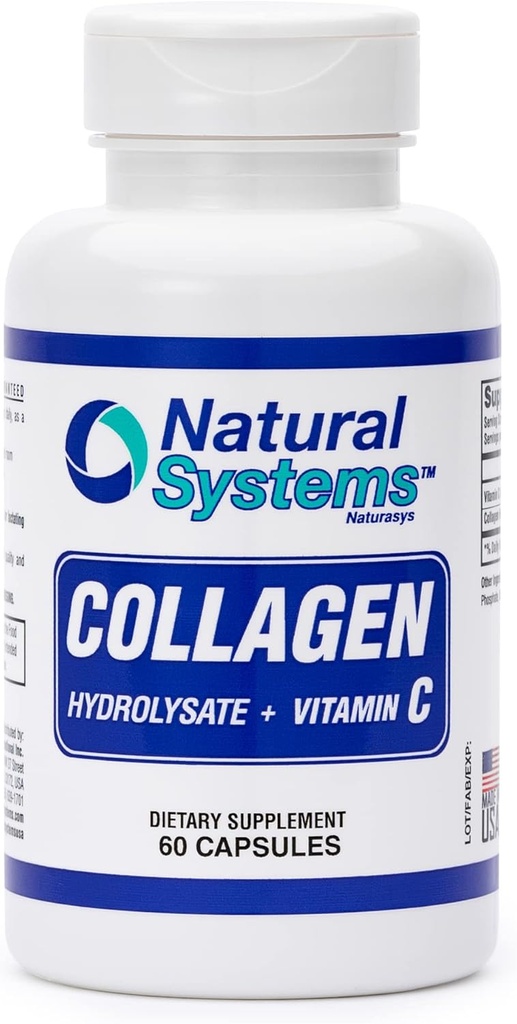 Collagen Plus Vitamina C by Natural Systems 60 Capsules - Hydrolysate de coláxeno e vitamina C para o cabelo e pel vital - Complementos de coláxeno Mulleres e Homes - Hydrolyzed Collagen Peptides Powder Pills