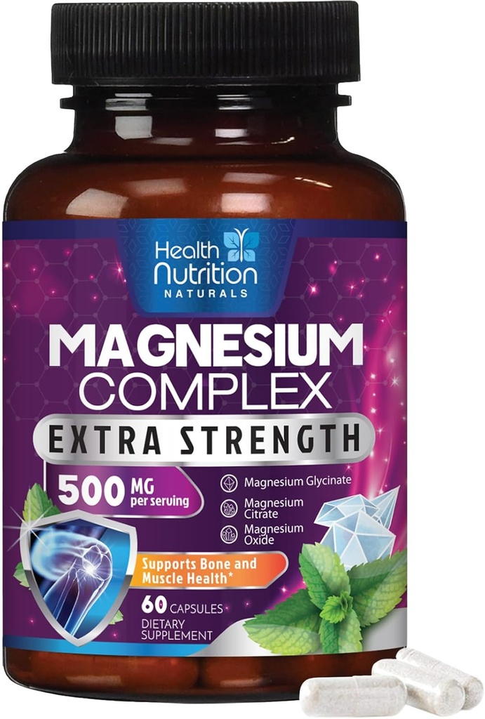 Magnesium Complex Capsules 500 mg met Oxide, Glycinate, Malate, Citrate - High Absorptie Complex Chelated Magnesium Mineral Supplements - voor spier-, bot- en hartgezondheidsondersteuning - 60 capsules