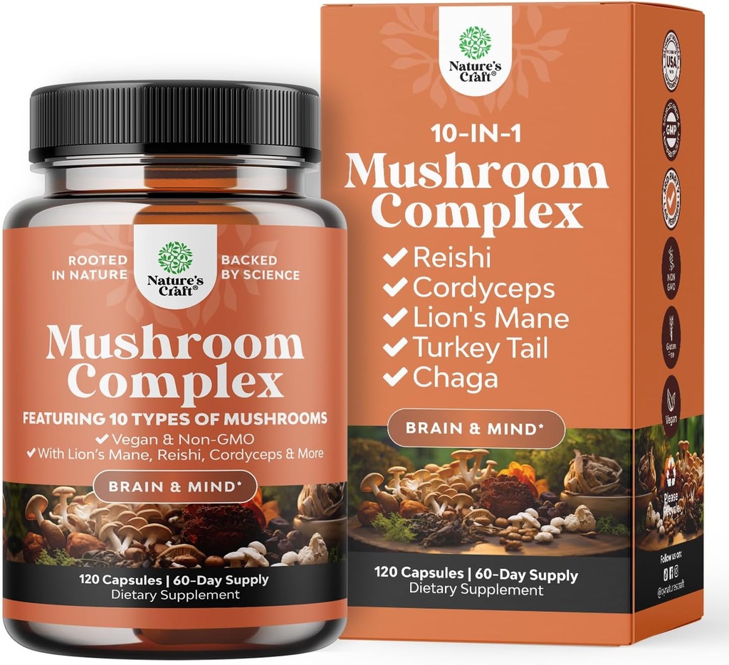 Advanced Mushroom Complex Capsules - 10X Lions Mane Supplement Capsules with Reishi, Chaga, Maitake & Shiitake for Brain Health Memory Support & Focus - Nootropic for Mental Clarity - 120 Caps