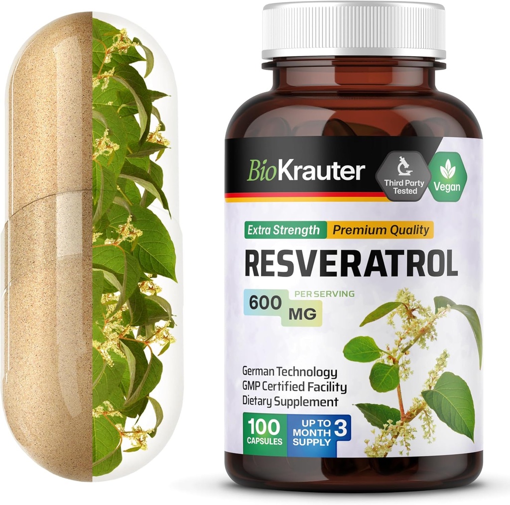 BIO KRAUTER Resveratrol Допълнение капсули 600 mg - 100 Count - Natural Antioxidant Източник - 98% Pure Trans Resveratrol прах - Веган