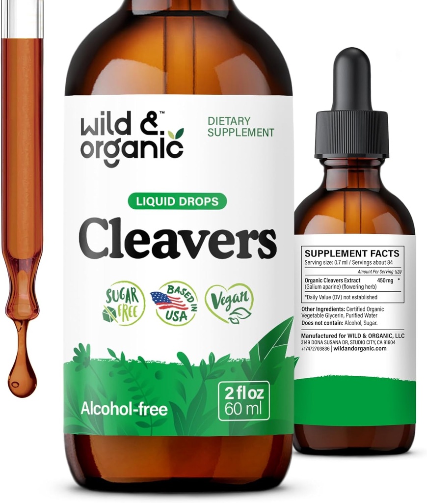 Wild & Organic Cleavers Tincture - 클레버 리프가있는 자연 해독 드롭 - 갈륨 아파린 허브 추출물 보충 - Vegan, Sugar & Alcohol-Free - 2 fl oz