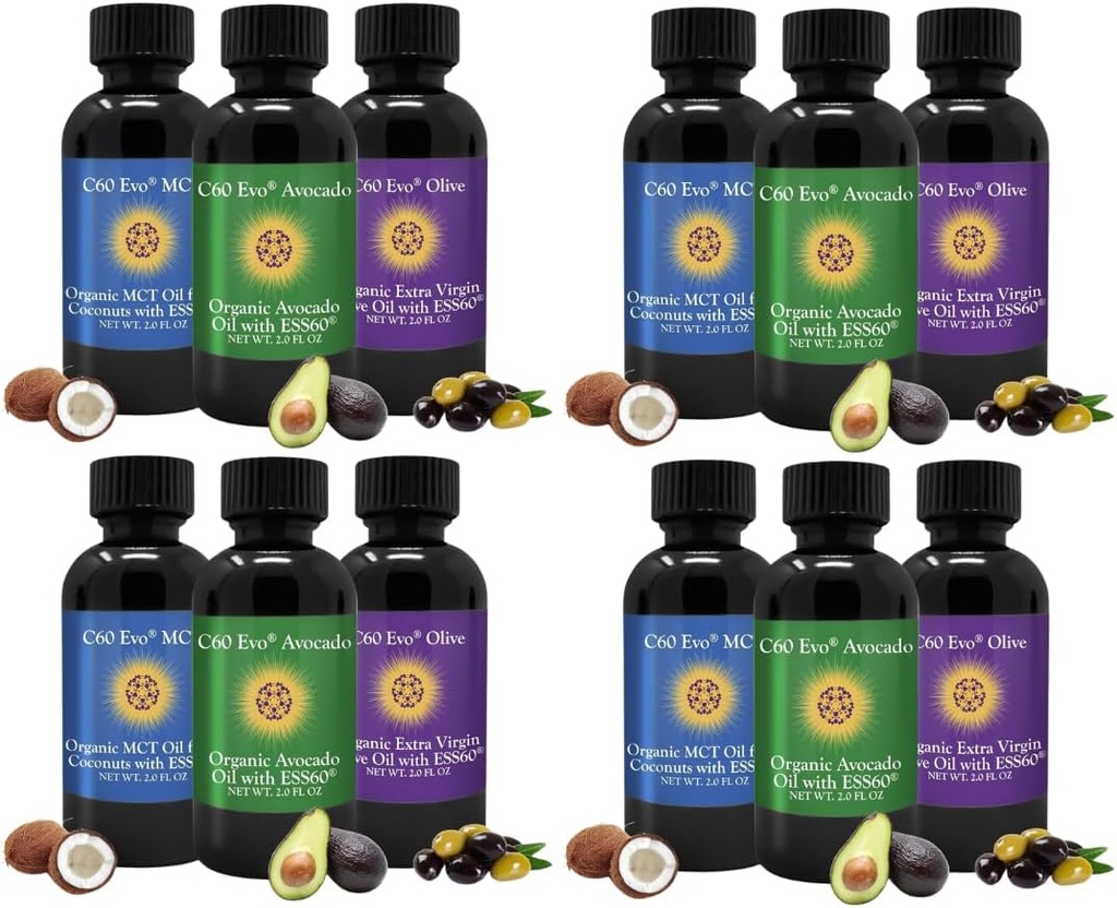 All-Natural Edible Oils, Mini Oil Sampler Set with Pure C60 ESS60, Immune Support and Joint Support Supplement with Olive Oil, Avocado Oil & MCT קוקוס שמן, Set of 12, 2 Oz כל אחד