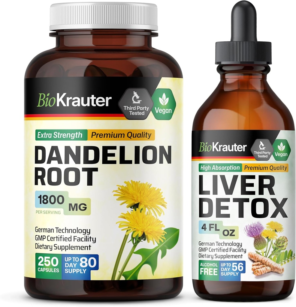 BIO KRAUTER Dandelion Root 250 קפסולות & Liver Support Tincture 4 Fl. Oz.