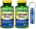Calcium Bone Health Dietary Supplement Tablets, 600 mg, 100 Count (2-Pack) Bundle with BROS2FL Keychain Waterproof Portable Metal Pill Box (2 Items)