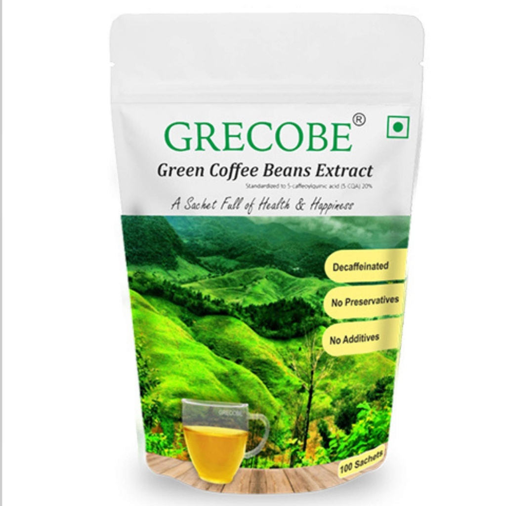 100% Pure Green Coffee Beans Extract with 50% chlorogenic acids, Decaffeinated, antioxidant | Maintain Metabolism - (1Pouch- 100 sachets)