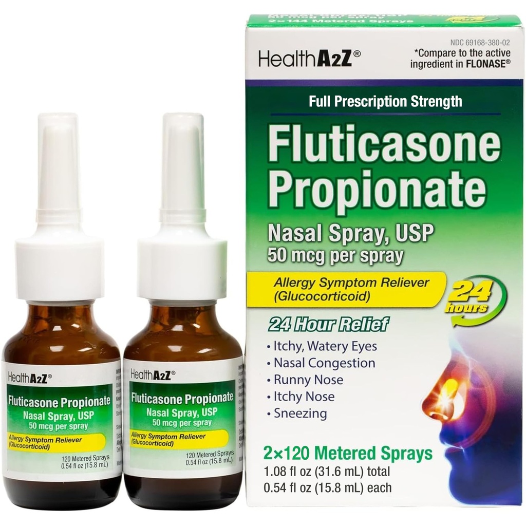 HealthA2Z® Allergy Relief, Fluticasone Propionate 50mcg, Nasal Spray, 24-Hour Allergy Relief, Dye Free, 240 Sprays (2 Pack, 120 Sprays Each)