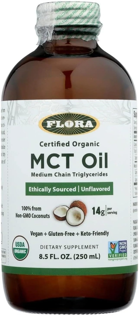 Flora - MCT Oil Certifikasi Organik - Mendukung Energi Otot & Kesehatan Otak - Berisi C8 Caprylic Acid & C10 Capric Acid - Non-GMO, Bebas, Vegan & Keto- Friendly - 8,5 kaki.