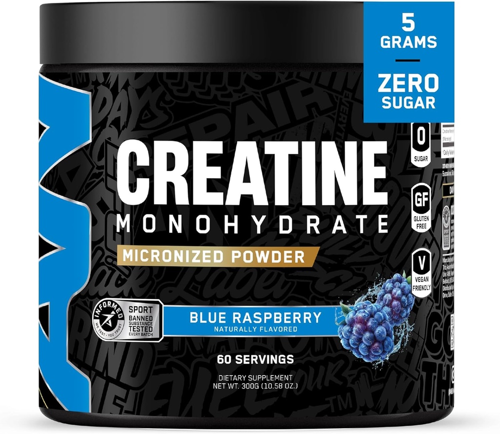 All Black Everything Creatine Monhydrate | 60 Zerbitzuak | Blue Razz | Micronized Amino Acid Powder | Support Muscles | Cellular Energy | Cognitive function | Gluten-Free eta Keto Friendly