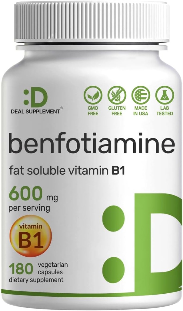 Benfotiamine 600mg Por Serving, 180 Veggie Capsules (300mg Por Cap) – Fat Soluble Vitamina B1 Suplemento de Thiamine – 3er Parte Testado, Vegano, No GMO, Gluten Free