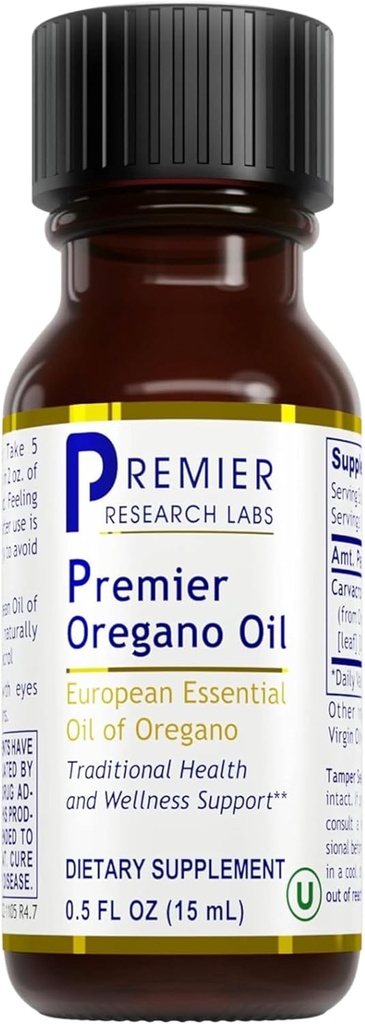 Premier Research Labs Premier Oregano Oil - Olja av Oregano Drops med Carvacrol, Edible Oregano Essential Oil Supplement för Immune & Gut Health - 0,5 Fl Oz