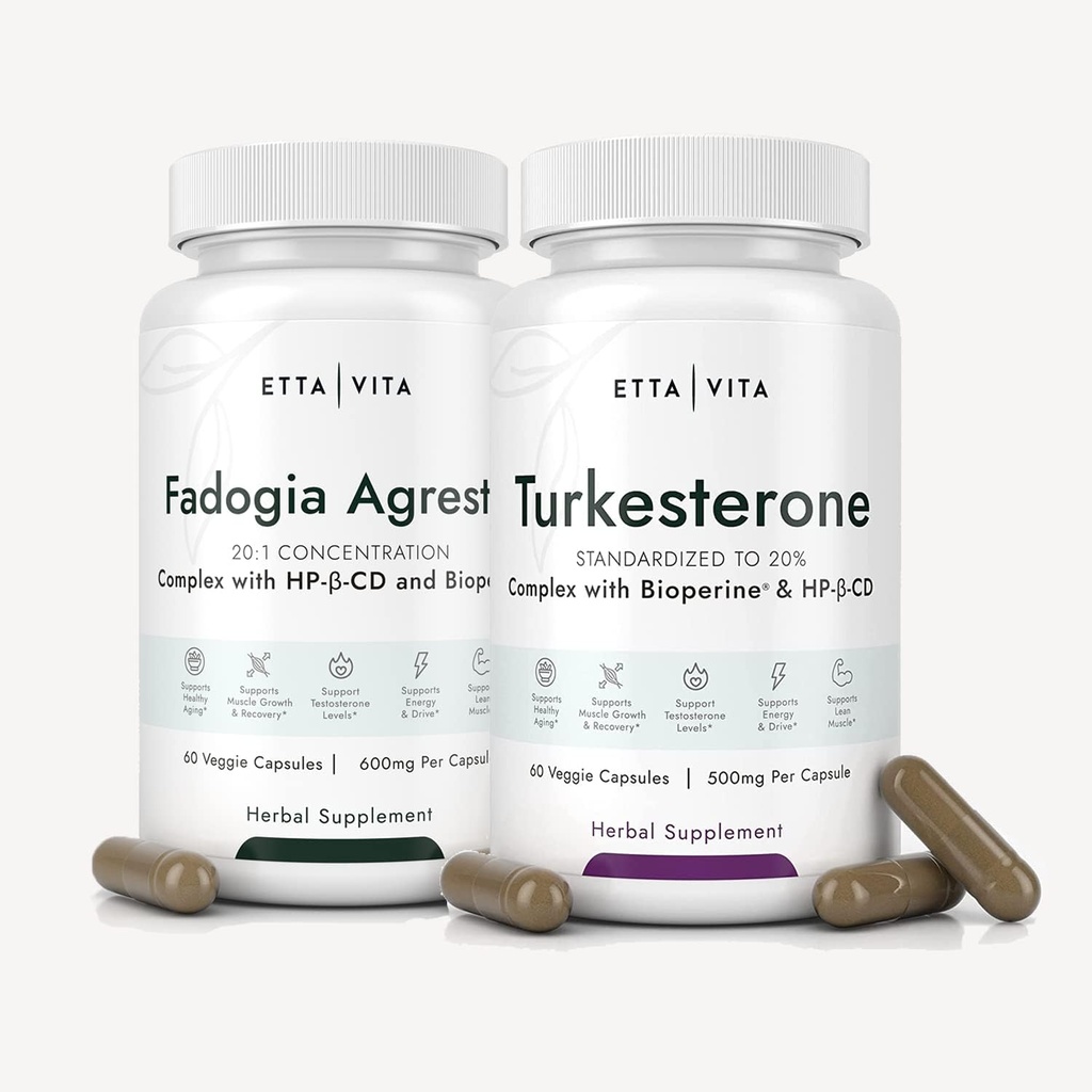 Fadogia Agrestis 600mg + Turkesteron 500mg Bundle (2x mer ren - 20% Std Extract) (3x Absorbens med BioPerine & Hydroxypropyl-Beta-Cyclodextrin) støtter sunn muskelgjenvinning, Stamina - Vegan