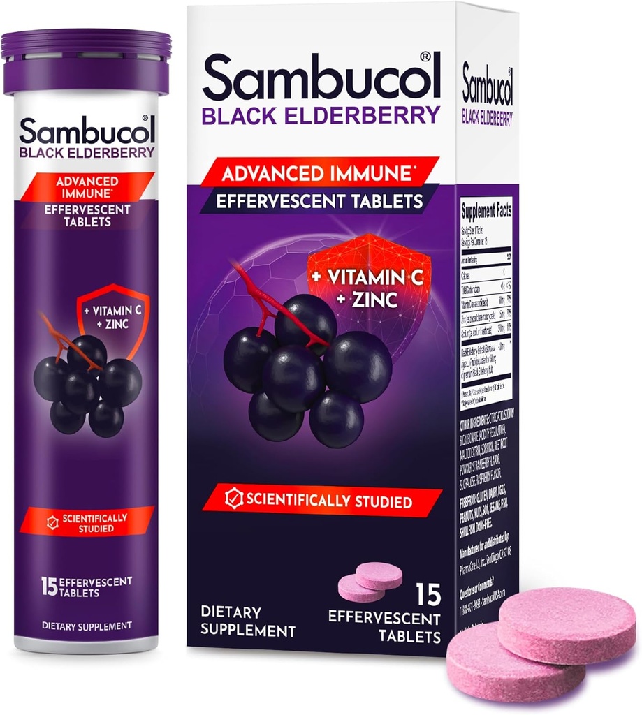 Sambucol Black Elderberry Šumivé tablety - bazový zinok a vitamín C pre dospelých, bazové tablety na rozpúšťanie, bobuľové plody - 15 grófov