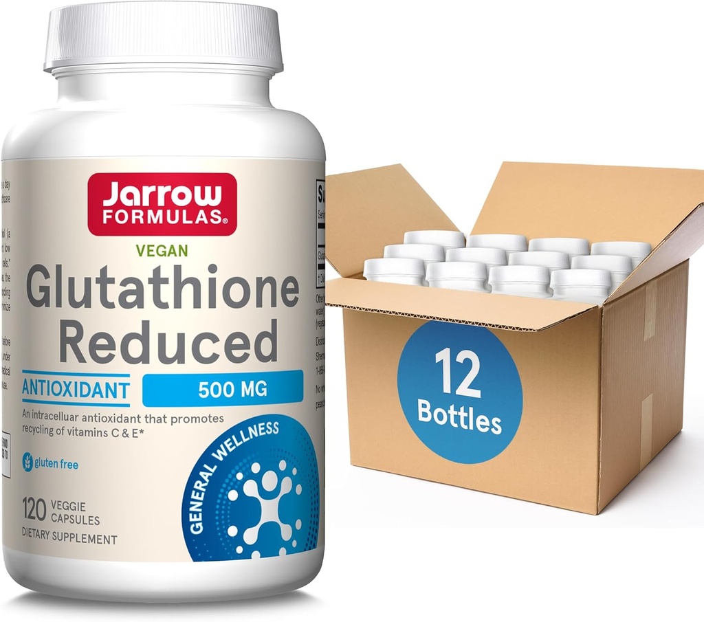 Jarrow Formulas Glutathione Ridotto 500 mg- 120 capsule vegetali- Antiossidante intracellulare- Integratori di Glutathione di qualità- Supporta il riciclaggio di vitamine C & E- Non-GMO- Gluten Free- Vegan, 12 confezioni