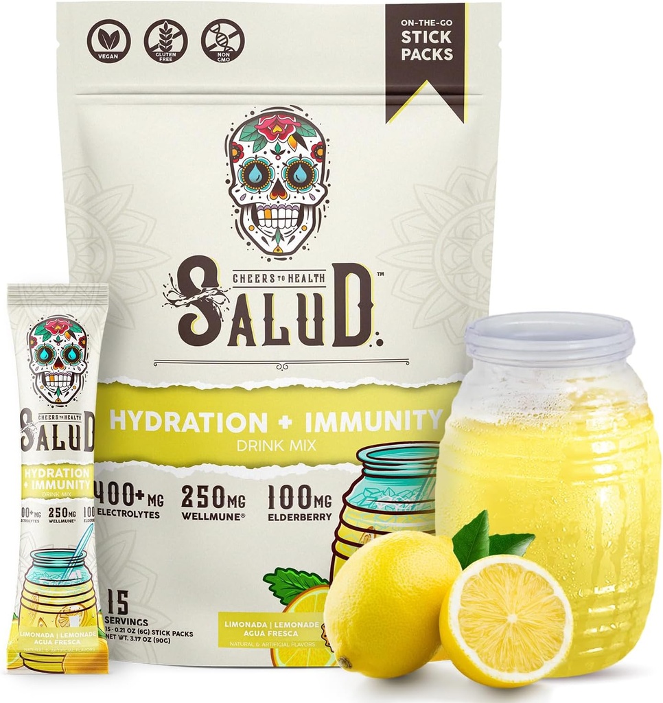 Salud 2- in1 hidratációs csomagok + Immunity Electrolytes Powder, Lemonade - Agua Fresca Drink Mix, Elderberry, Dairy & Soy Free, Non-GMO, Glutén mentes, Vegan, Alacsony kalóriatartalmú, 1g Sugar (15 adag)