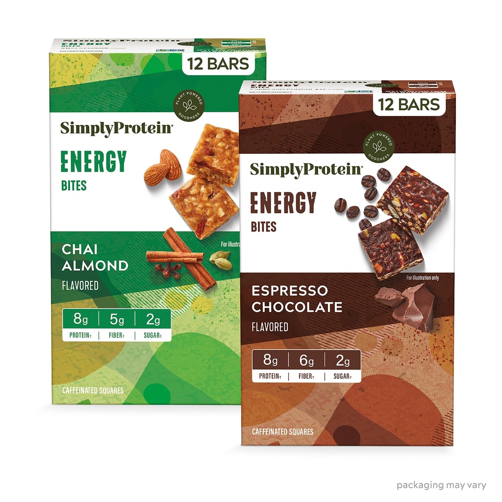Pur și simplu Proteine - Energie Bites Variety Pack, 24 Baruri - Piețe cu bază de plante Cafeina - 55mg Cafeina - Energie Boost - 8g Proteina, 2g Zahăr, 5-6g Fibră, 120-130 Calorii - Vegan, Gluten Free, Non OMG