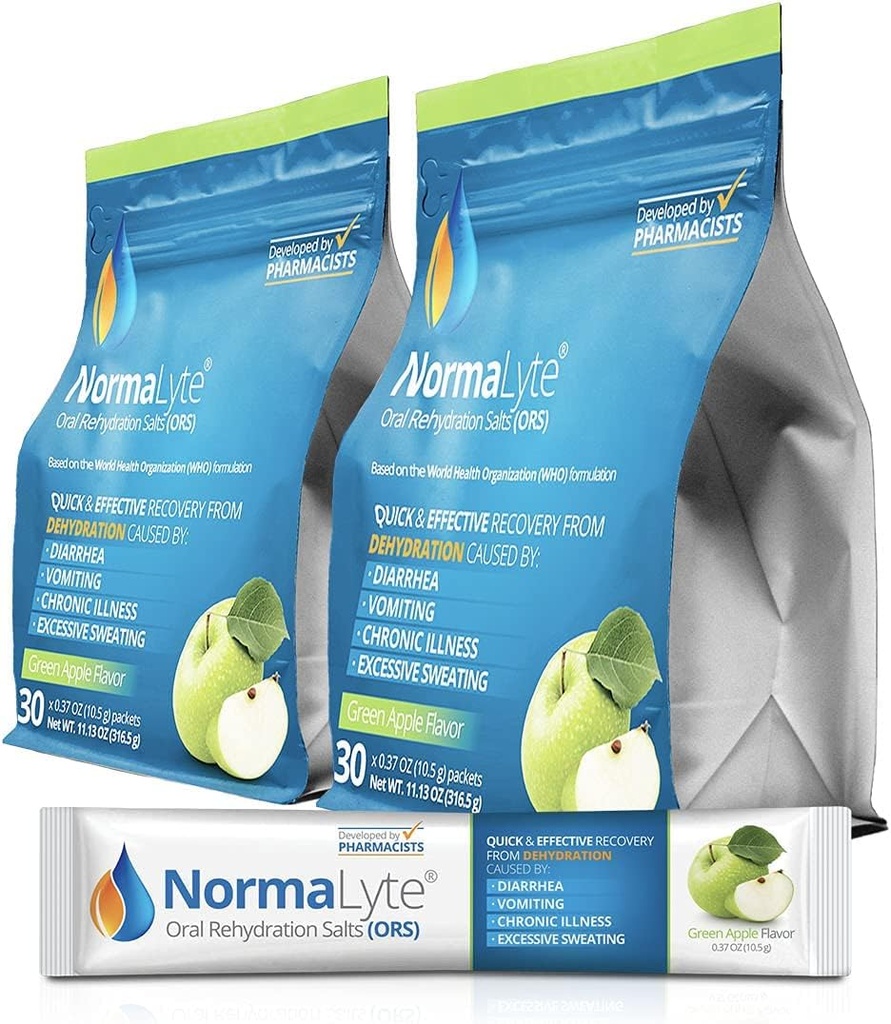 NormaLyte Oral Rehydration Salts-2 Pouches - 60 Sticks (Yields 500mL per Pack)-Apple | Энергетические добавки, добавка калия, восстановление обезвоживания и быстрая абсорбция