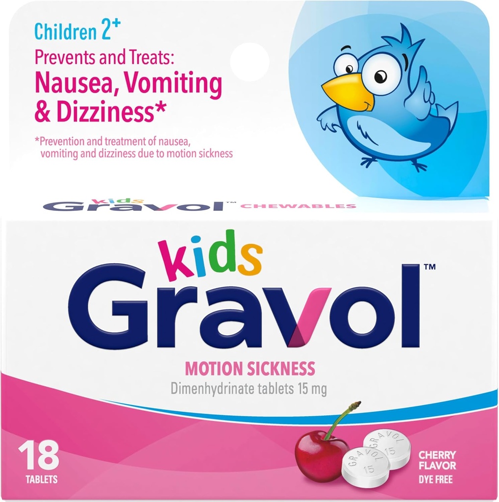 Gravol Kids Chewable Tablets per Nausea, Upset Stomach e Motion Sickness Relief, Dye Free, Cherry Flavor, Età da 2 a 12, 18ct