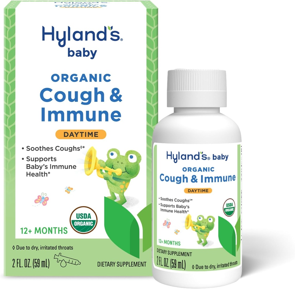 Hyland's Baby Organic Cough Syrup and Immune Support with Agave, Elderberry and Pomegranate, Soothes Cough, və Immunity, Daytime, 2 Fl. Oz.