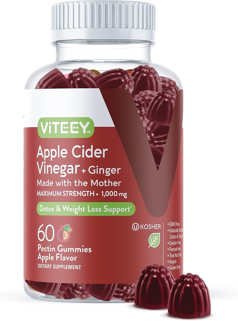 Viteey Apple Cider Actas Gummies and Ginger - 1000 mg ACV Gummies for Weight Loss, Detox and Digestion - Vegan, Gluten- Free - 60 Count