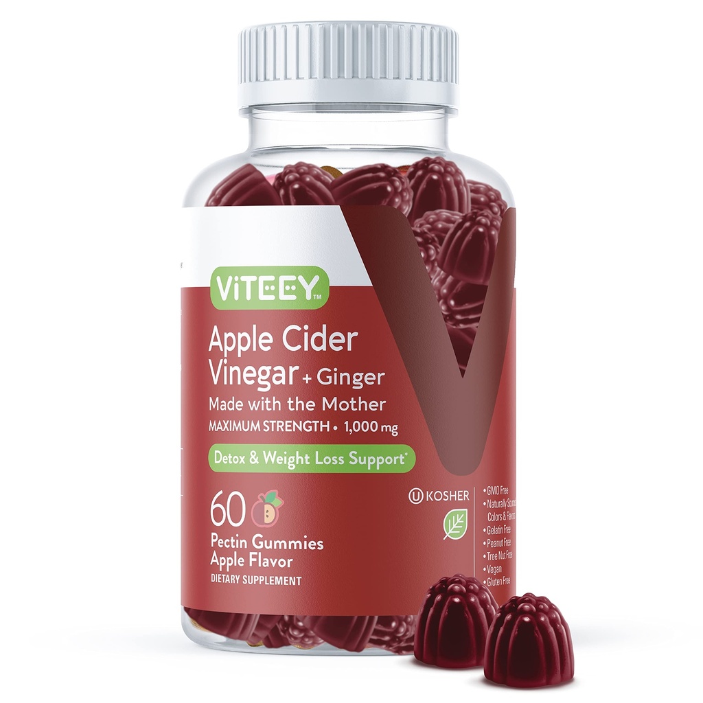 Viteey Apple Cider Vinegar Gummies and Ginger – 1000 mg ACV Gummies for Weight Loss, Detox and Digestion – Vegan, Gluten-Free – 60 Count