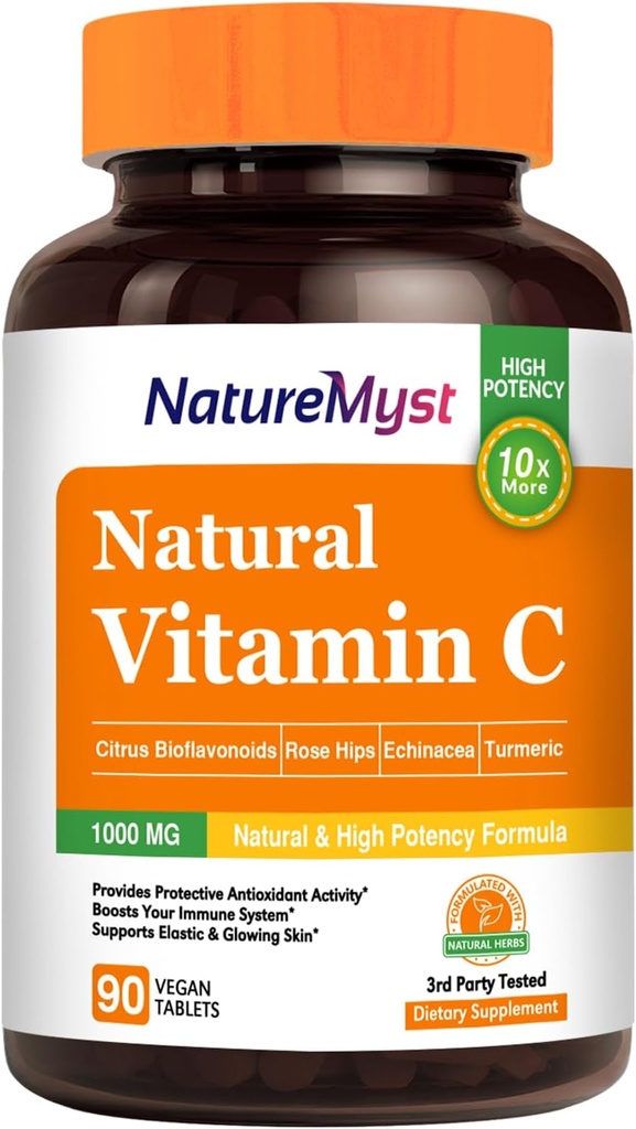 Vitamin C Tablet, 1000 mg, Natural Form, High Potency, Citrus Bioflavonoids, Rose Hip, Echinacea & Turmeric, Immune & Skin Health, 90 Vegan Tablets
