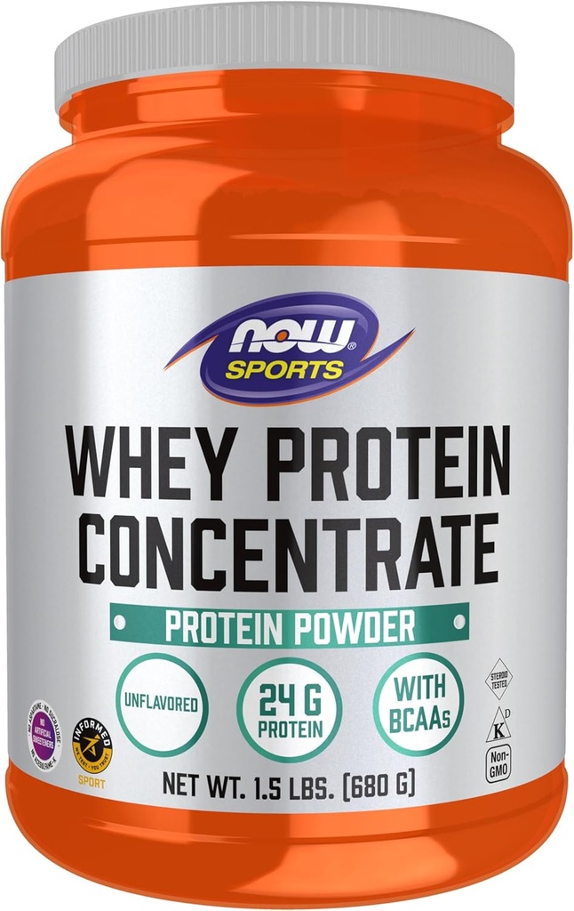 NOW Foods Sports Nutrition, Whey Protein Concentrat, 24 g z BCAA, nearomatiziranim praškom, 1,5-pound
