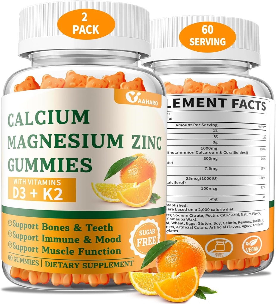 (2 Pack) D3 & K2 Vitamini ile Magnezyum Çinko Gummies - Kadınlar ve Erkekler için Şeker Freedis Gummies - Bone & Immune Support - Non-GMO, Gluten-Free, Orange Flavored - 120 Count