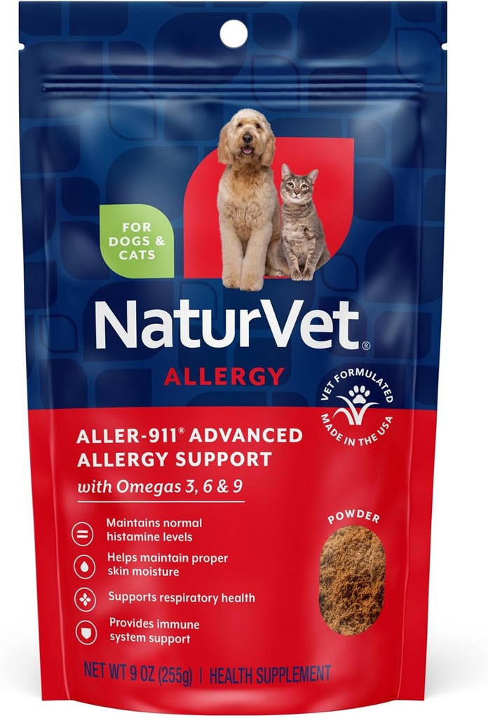 NaturVet Aller-911 Advanced Allergy Aid Formula Powder Plus Antioxidanți pentru câini și pisici, 9 oz Powder, Made in the USA