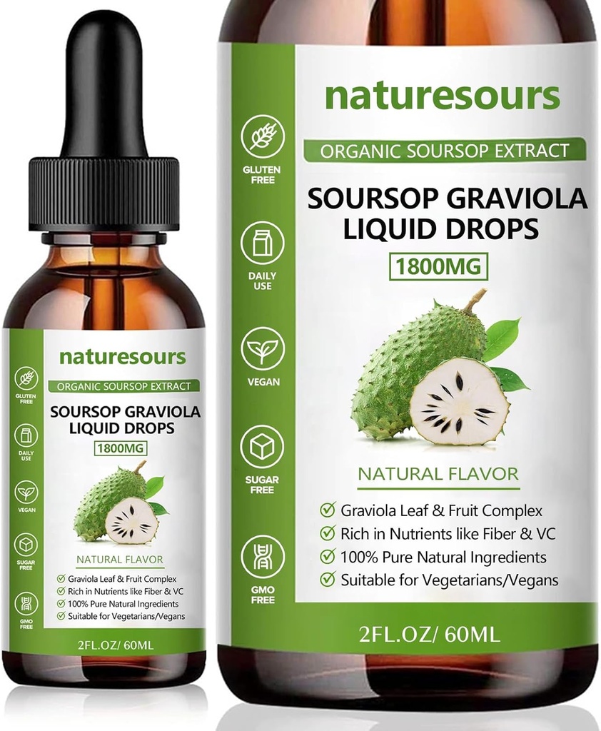 Elanlar 100% Pure Organic Soursop özü, Soursop Graviola Liquid Drops 1800MG, Organic Pure Soursop çıxış və Fruit Ekstraktı, Sugar/Gluten Pulsuz, 2 FL.OZ (1)
