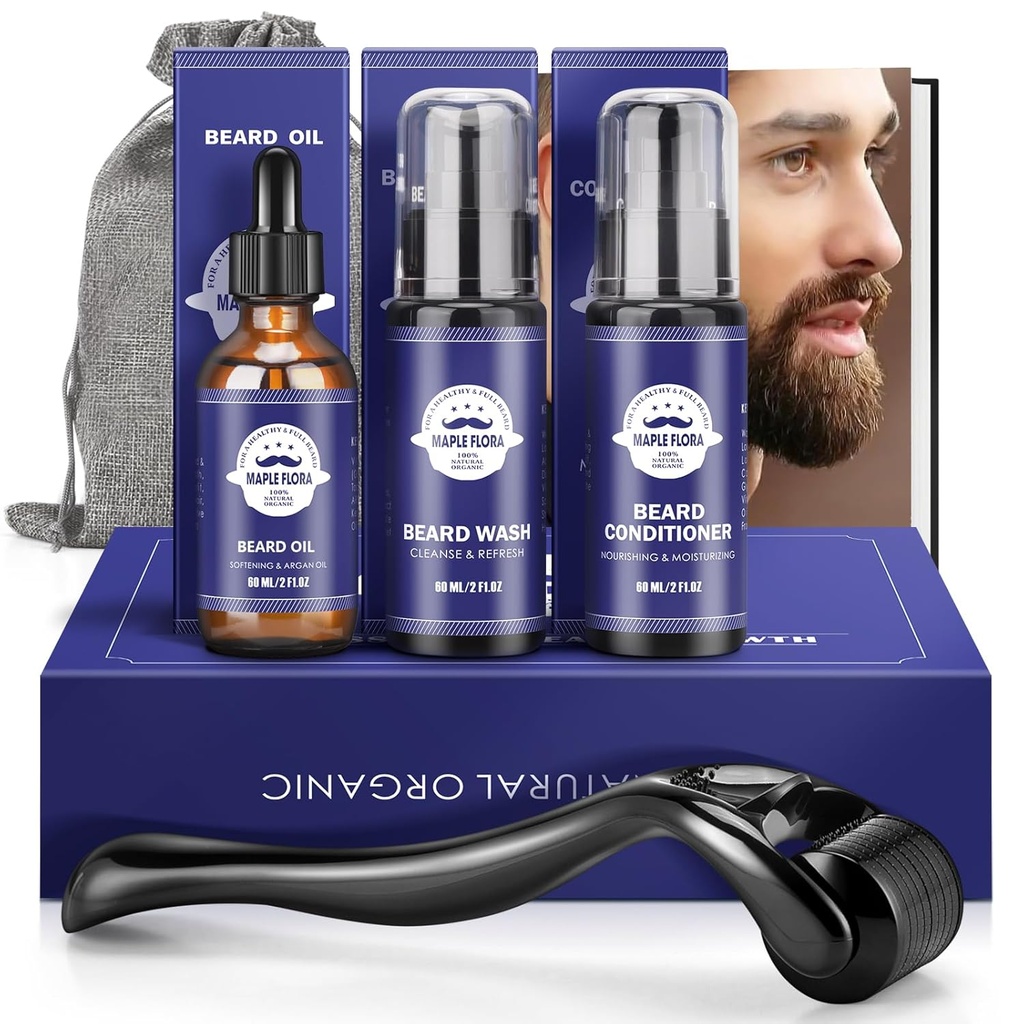 ערכת מתנה - Oil,Wash,Conditioner, Roller (Needle Long: 0.25mm) for Beard, Storage Bag,mustache Gifts Set for Friend Husbands Daddy Men Him Men Him Men Him