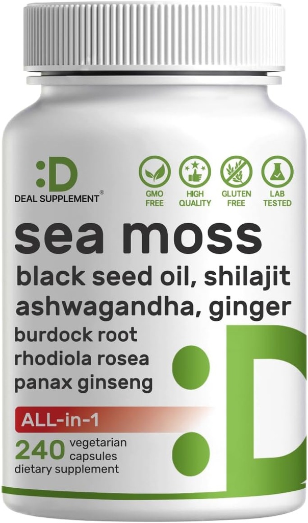 DEALsEMENT Irish Sea Moss 7000mg Per Service, 240 Veggie kapsulak - 14 Superfood Complex - 3000mg Black Seed Oil, 2000mg Ashwagandha, 600mg Ginger