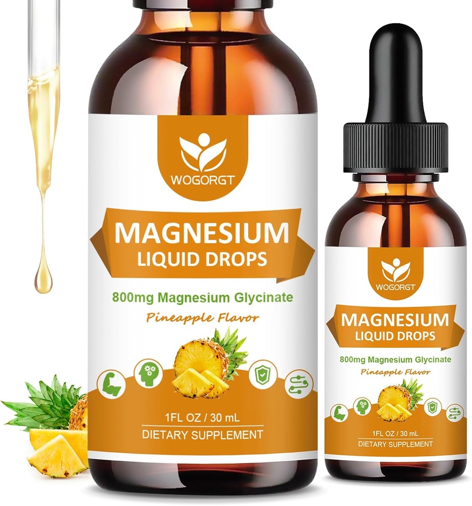 Magnesium Glycinate Liquid Drops med Citrate & Taurate - Cognition, Muscle & Focus, Liquid Magnesium Complex Supplement med vitamin D3, GABA, L-theanin, Pineapple Flavor - 1 Fl Oz (2 Pack)