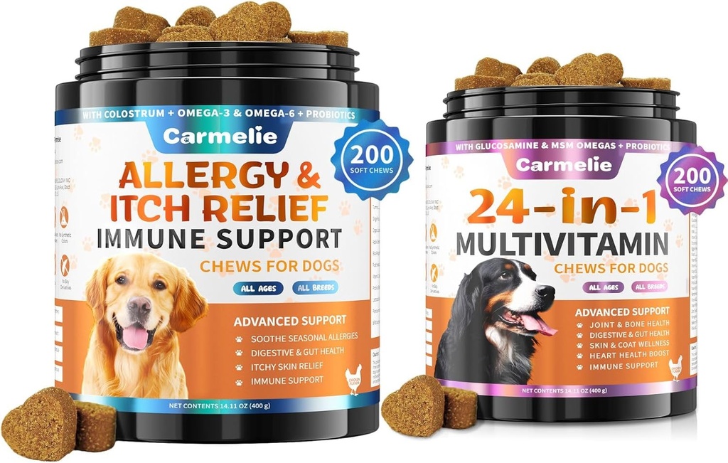 Pengunyah Allergy Dog + Carmele 24 dalam 1 Dog Multivitamin Chewable - 400 Treats - Seasonal Allergy Relief + Dog Vitamin for Hip & Joint, Skin & Coat, Immune Health (Chicken Flavor)