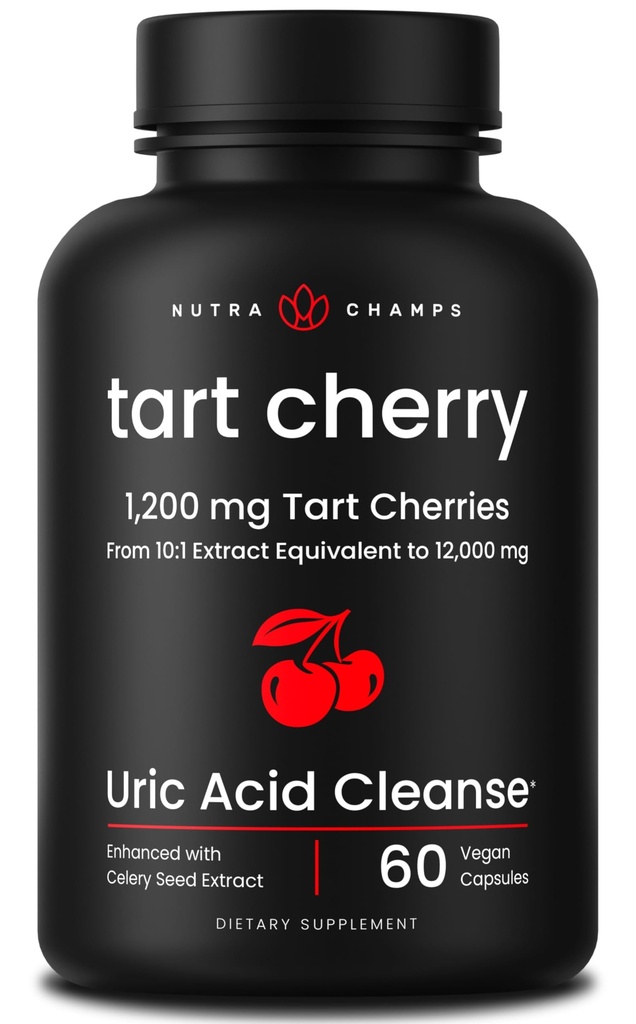 NutraChamps Organic Tart Cherry Extract Capsules - Made from Montmorency Tart Cherry Concentrate, Celery Seed & Bilberry - Supports, Sleep, Uric Acid Levels & Joint Health - 60 Vegan Capsules