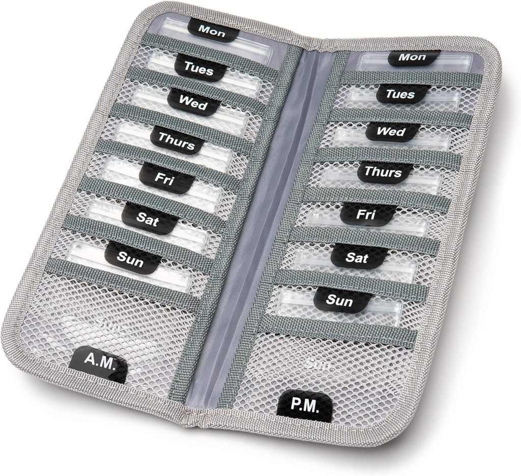 AM/PM Bi-Folding Pill Organizer + Supplement Case for OTC Medicine, Prescription + Vitamins - 14 Labeled Monday-Sunday Slide Lock Pouches