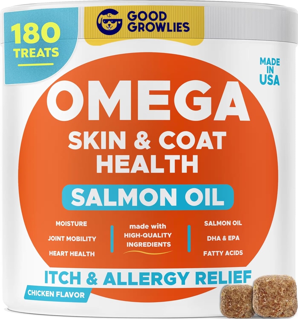 Omega 3 Alaskako arrain-olioa txakurrentzat (180 Ct) - Azal lehorra eta ipurtargia + Alergia - Beroki distiratsuak - EPA eta DHA Azido gantztsuak - Salmon Oil Chews naturala - Chicken Turkey