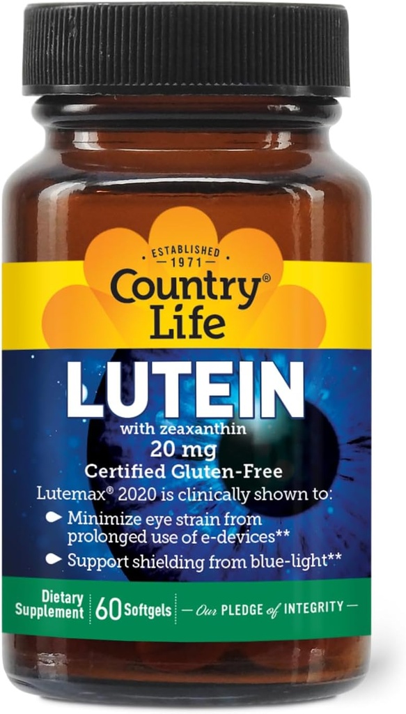 País Life Lutein 20 mg suplementari - Gutteten-Free - Ull de Salut amb Luteutin i Zeaxantin - Reducció d'ulls de les pantalles - No, Yest, Blat, Cort, Milk, 60gelis