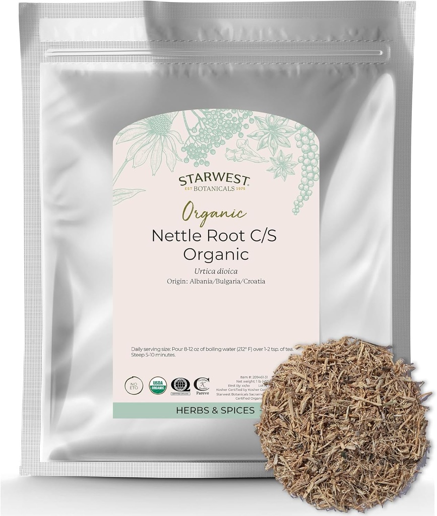 Starwest Botanicals Nettle Root Organic - Dried Sting Nettle Root, Vul Leaf Herb for Tea, Soups, Stews, & Broths, Urtica Dioica, Cut & Sifted, מוסמך כשר, non-GMO - Bulk 1 lb Bag Bagk 1 lb
