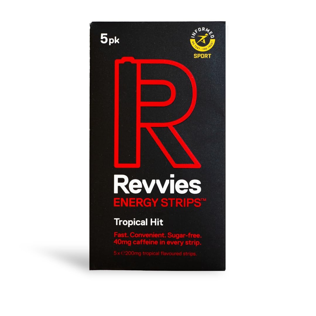 Revvies Energy Strips | Tropical Hit | 50 Strips | 40mg Caffeine Strip | 2 Strip = Caffè / bevande energetiche | Meno di 2 Calorie | Vegan | 10 x 5PK